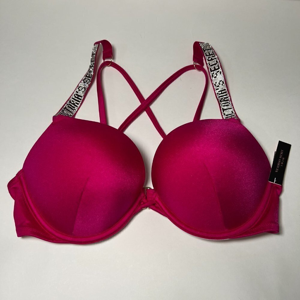 Victoria Secret 38D Bombshell Push Up Bikini Top LOGO Shine Strap Rose Pink
